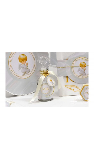 Trusou de botez cu ingeri si broderie personalizata aurie si pattern marble crem mint 33